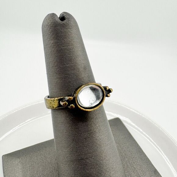 Vintage Modernist Ring Clear Stone Rustic Brutalist Southwestern Retro Patina - Picture 5 of 8